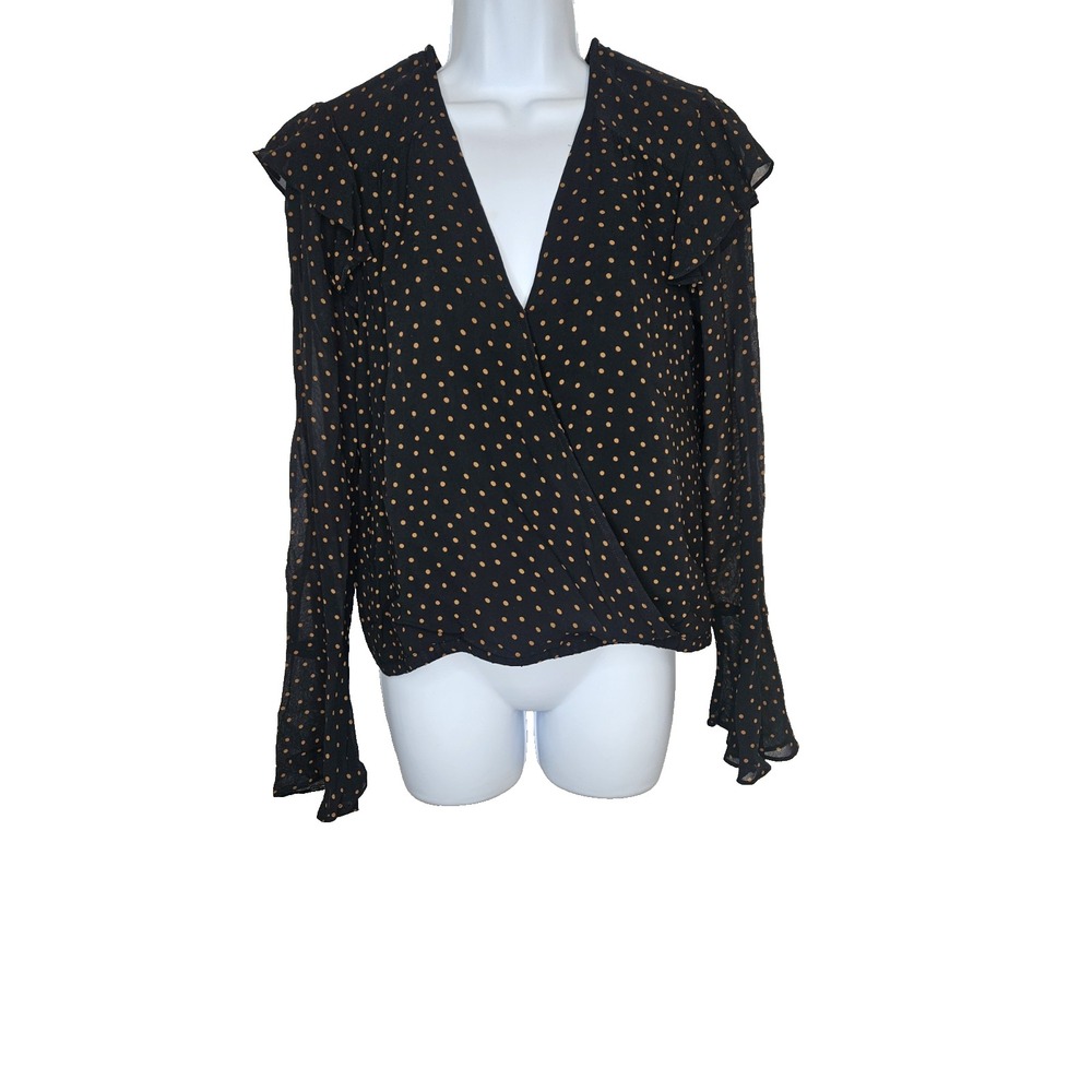 Sanctuary Womens Size Small Top Blouse Long Sleeve Ruffle Detail Polka Dot Black